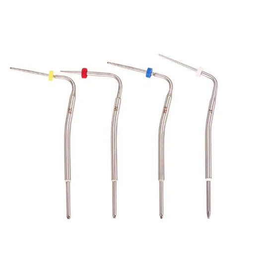 Dental Gutta Percha Pen Heated Tips F, XF, FM, M 4pcs/Kit: Set of four stainless steel dental instruments with curved tips and color-coded handles for different sizes, used in endodontic procedures for obturation of root canals