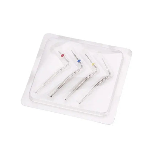 Dental Gutta Percha Pen Heated Tips F, XF, FM, M 4pcs/Kit displayed in a clear plastic package. Four silver-colored metal tips with colored markings visible, arranged neatly in a row. Used for dental obturation procedures.