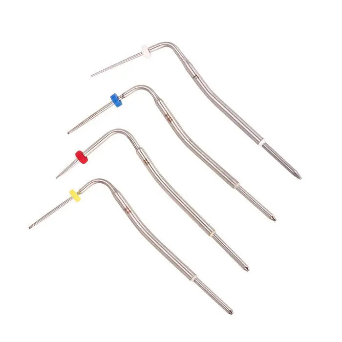 Dental Gutta Percha Pen Heated Tips F, XF, FM, M 4pcs/Kit displayed in a row, showing four stainless steel dental tools with curved tips and color-coded handles for different sizes, used in dental obturation procedures