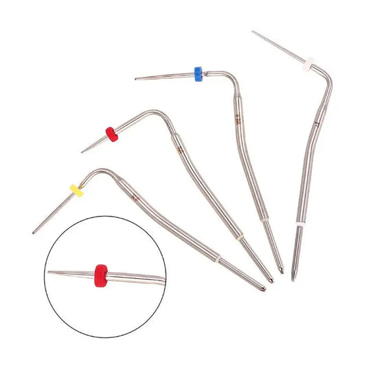 Dental Gutta Percha Pen Heated Tips F, XF, FM, M 4pcs/Kit displayed on white background. Four angled metal instruments with color-coded tips for dental obturation procedures. Close-up inset shows detailed view of red-tipped instrument.