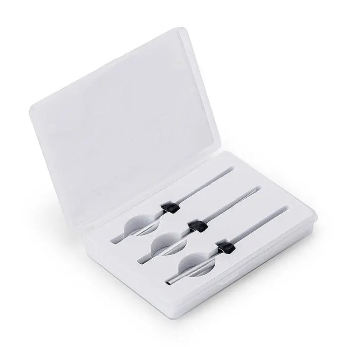 Dental Gutta Percha Endodontic Heat Plunger Tips for Endo Obturation System 3Pcs/Kit in white storage case. Three silver metal tips with black handles visible in open case, used for dental procedures.