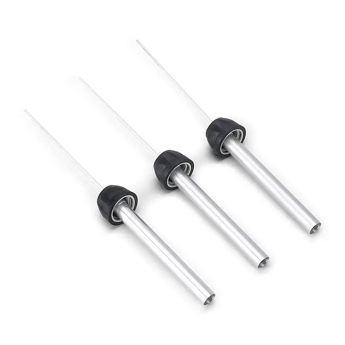 Dental Gutta Percha Endodontic Heat Plunger Tips For Endo Obturation System 3Pcs/Kit: Three silver metal plunger tips with black rubber stoppers and thin white extended ends, arranged in a row against a white background, used for dental procedures.