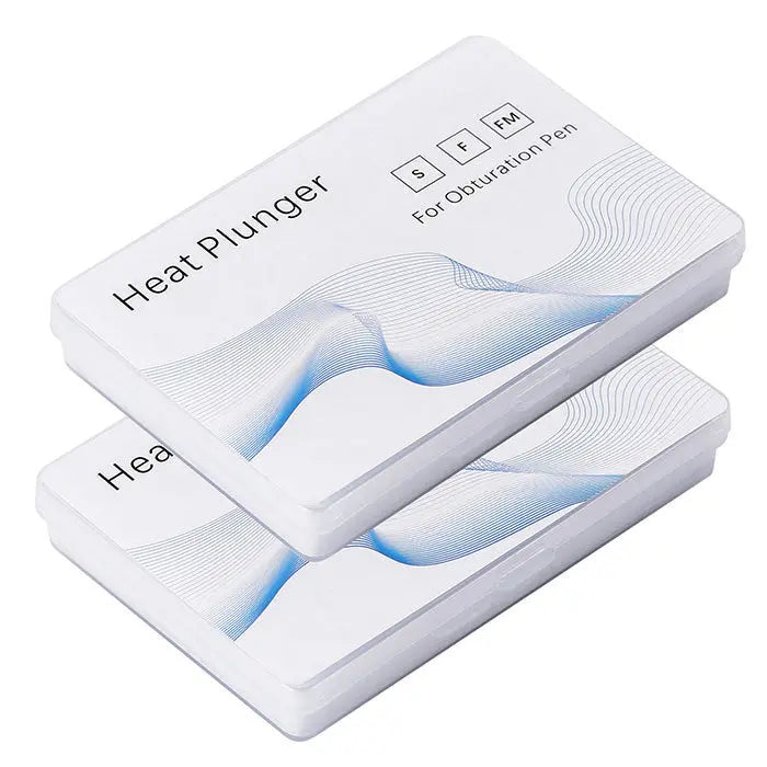 Dental Gutta Percha Endodontic Heat Plunger Tips For Endo Obturation System 3Pcs/Kit: Two white rectangular boxes with blue wave patterns, labeled 'Heat Plunger' and 'For Obturation Pen', stacked on top of each other, displaying dental tool packaging