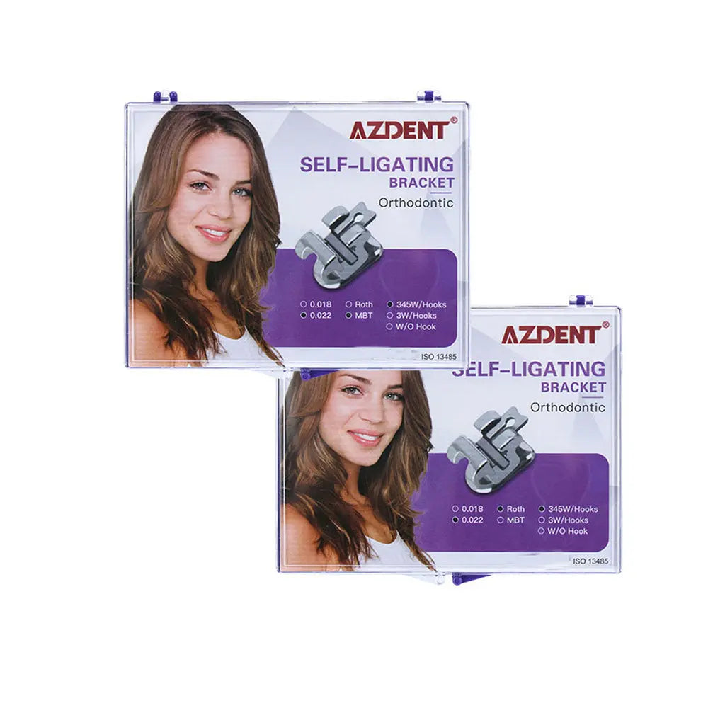 AZDENT Self-Ligating Orthodontic Brackets product packaging for Dental Orthodontic Self Ligating Roth/MBT .022 Hooks On 345 20pcs/Kit. Two transparent cases displaying product details and features, with purple accents highlighting key information about the brackets.