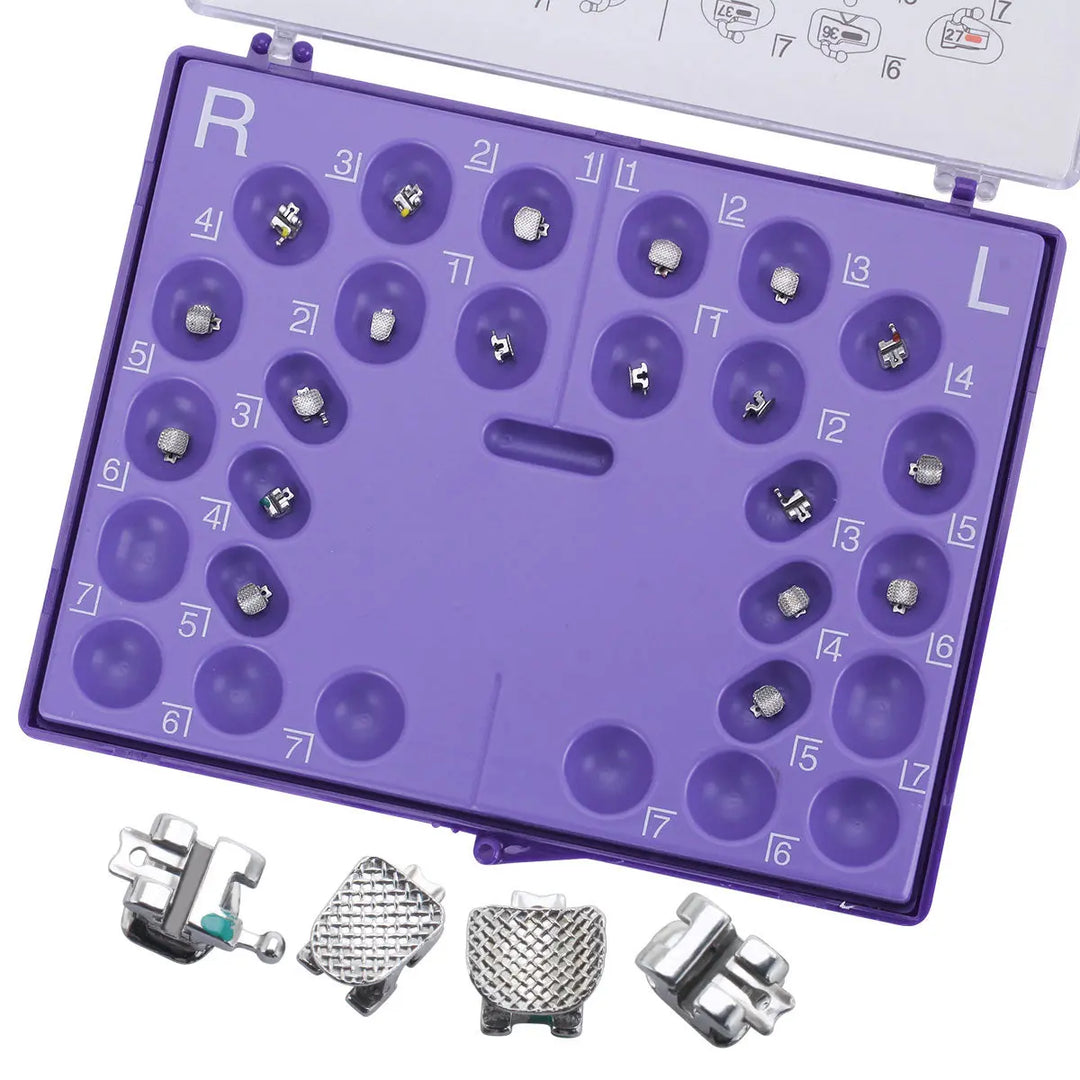 Dental Orthodontic Self Ligating Roth/MBT .022 Hooks On 345 20pcs/Kit displayed in purple case with numbered compartments, showing various dental brackets and components for orthodontic treatment