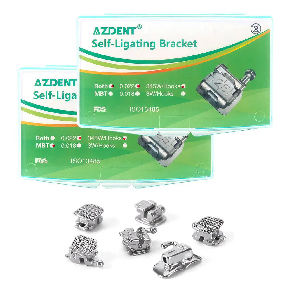 Dental Metal Self-Ligating Brackets Mini Roth/MBT .022 Hooks 345 24/Kit: AZDENT brand packaging and various metal orthodontic brackets showcasing self-ligating design, Roth and MBT options, and hook features for dental applications