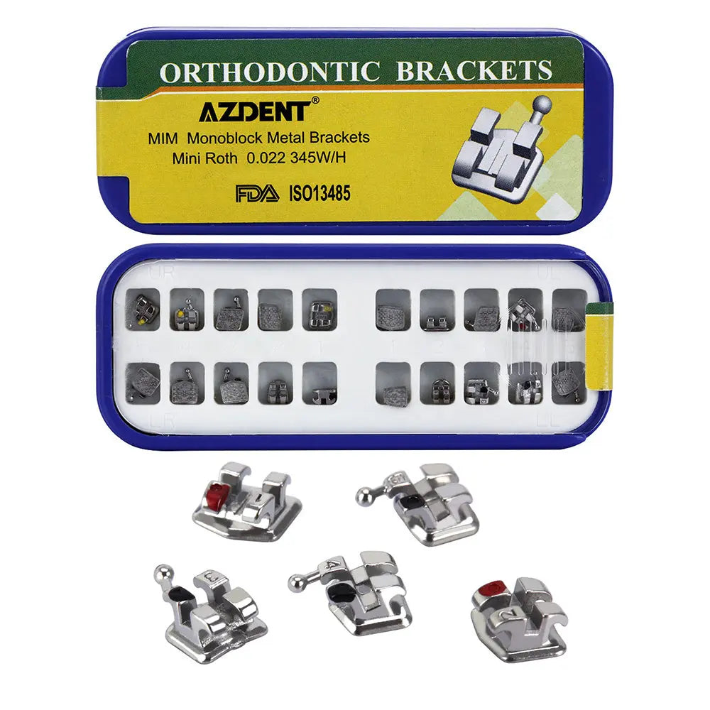 Dental Metal Brackets MIM Monoblock Mini Roth .022 Hooks on 345 20pcs/Kit - Blue and yellow packaging containing 20 metal orthodontic brackets, with additional loose brackets shown below. FDA approved product by AZDENT for orthodontic treatment.