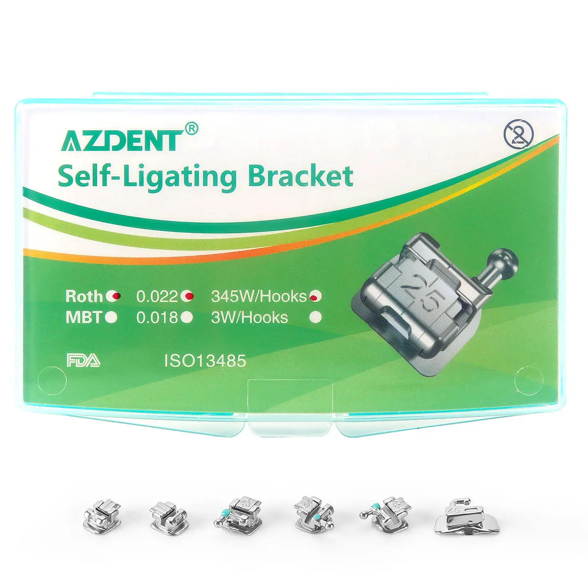 Dental Metal Self-Ligating Brackets Mini Roth.022 Hooks 345 24/Kit: AZDENT brand packaging with product details and specifications, showing green box and small metal brackets for orthodontic use.