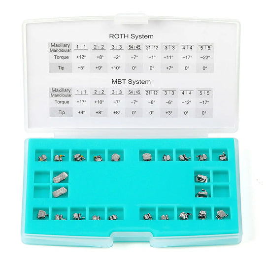 Dental Metal Self-Ligating Brackets Mini Roth.022 Hooks 345 24/Kit displayed in a teal organizer tray with compartments. Clear lid shows ROTH and MBT system specifications for Maxillary, Mandibular, Torque, and Tip measurements. Orthodontic brackets visible in various compartments.