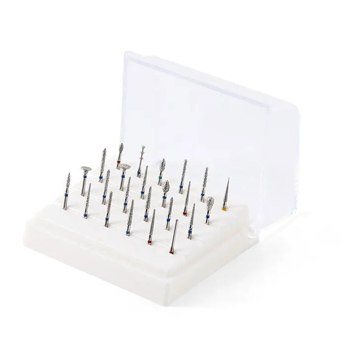 Dental Diamond Burs Set For High Speed Handpiece 24pcs/Kit Or 24 Hole Burs Box showcasing multiple dental burs with colored rings in a white plastic storage case, indicating different grit types for various dental procedures