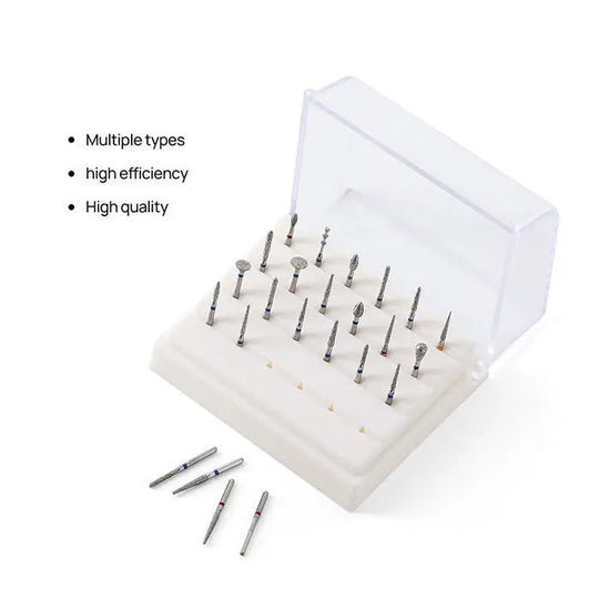 Dental Diamond Burs Set for High Speed Handpiece, 24pcs/Kit. Open plastic case displaying multiple types of dental burs arranged in white holder. Several loose burs in foreground. Text highlights multiple types, high efficiency, and high quality.