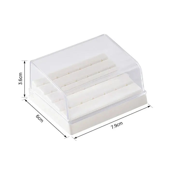 Dental Diamond Burs Set transparent storage box with dimensions 7.9cm x 6cm x 3.6cm, featuring multiple compartments for organizing 24 high-speed handpiece burs. Clear plastic lid for easy visibility and access to dental tools.