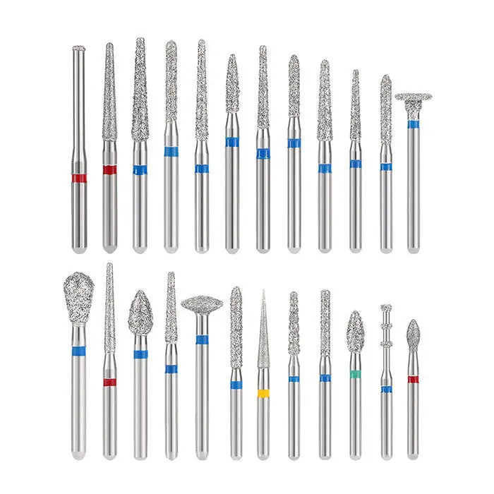 Dental Diamond Burs Set for High Speed Handpiece, 24pcs/Kit. Various shapes and sizes of diamond-coated dental burs with color-coded rings indicating grit levels. Includes round, cylindrical, and tapered burs for diverse dental procedures.