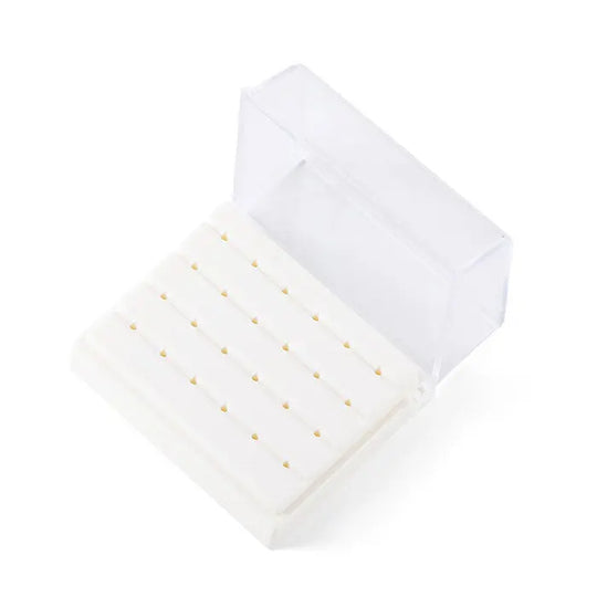 Dental Diamond Burs Set storage box, white plastic container with 24 holes for organizing high-speed handpiece burs. Clear lid for easy visibility. Compact design for efficient storage and transport of dental tools.