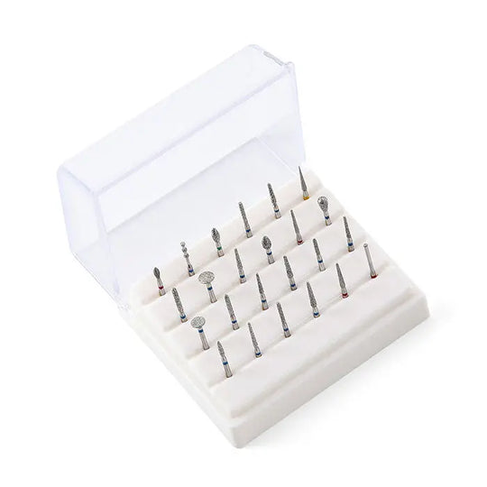 Dental Diamond Burs Set for High Speed Handpiece displayed in a 24-hole transparent and white plastic storage box. Multiple small, silver-colored dental burs with various tip shapes visible, organized neatly in rows for easy access and identification.