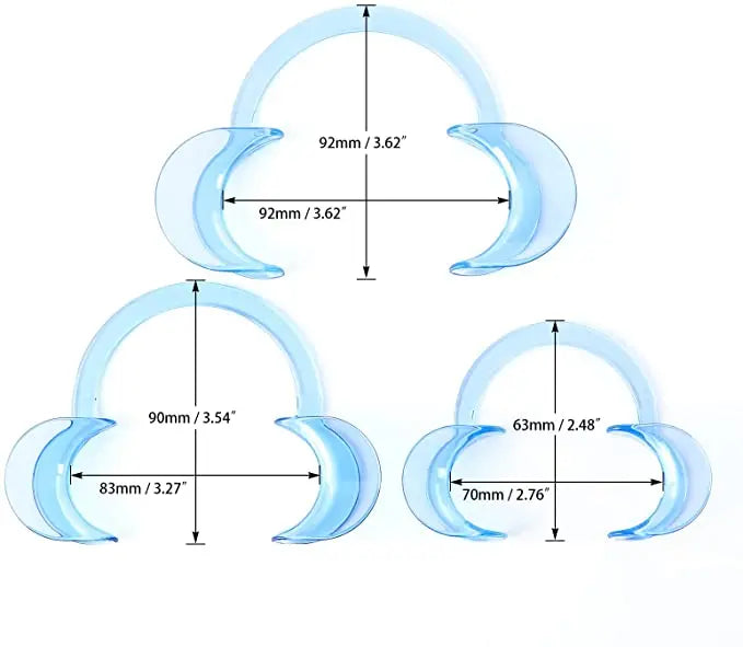 Dental Cheek Retractors Mouth Opener Transparent C Shape S/M/L 10Pcs: Three sizes of clear, C-shaped dental retractors with measurements. Large size 92mm, medium 90mm, and small 63mm in height, showcasing different widths for various mouth sizes. Autoclavable and suitable for both kids and adults.