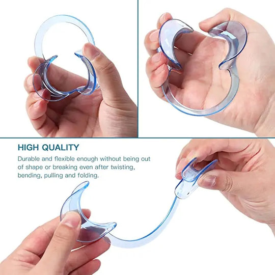 Dental Cheek Retractors Mouth Opener Transparent C Shape S/M/L 10Pcs demonstrated in use. Hands holding flexible, durable clear plastic retractors in various positions, showcasing their bendable nature and ease of use for dental procedures.