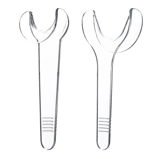 Two transparent Y-shaped Dental Orthodontic Mouth Opener Cheek Lips Retractors, small and large sizes, made of clear plastic for optimal visibility and unobstructed view of the oral cavity, with user-friendly design for easy use in hospital or home environments.