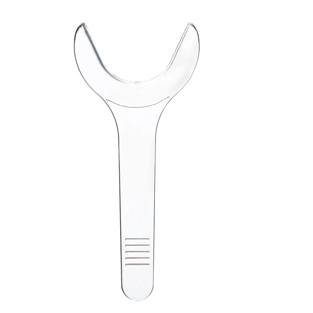 Dental Orthodontic Mouth Opener Cheek Lips Retractor Y-Shape Transparent Small/Large, clear plastic device with curved top and straight handle, designed for optimal visibility and unobstructed view of oral cavity, suitable for hospital and home use