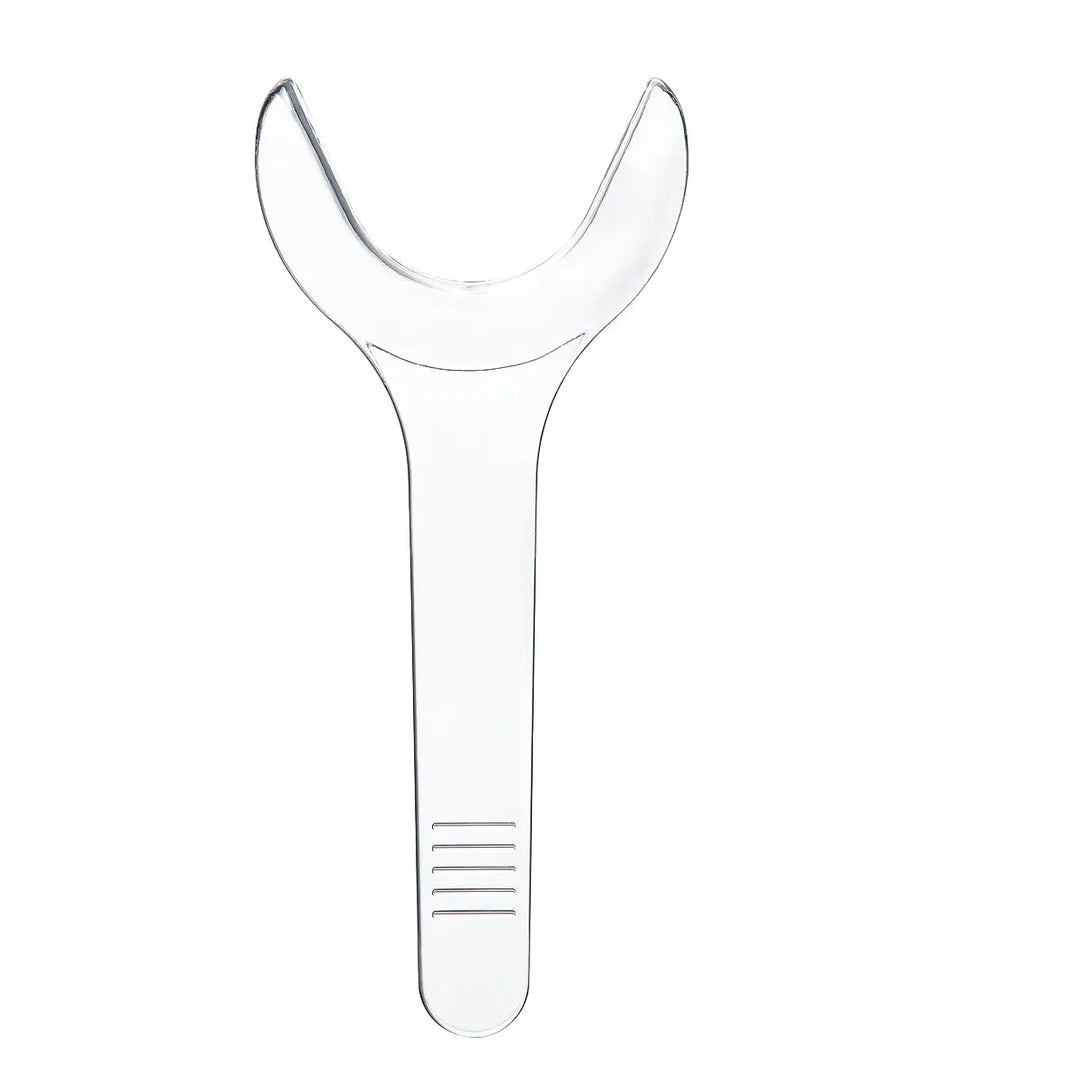 Dental Orthodontic Mouth Opener Cheek Lips Retractor Y-Shape Transparent Small/Large, clear plastic device with curved top and straight handle, designed for optimal visibility and unobstructed view of oral cavity, suitable for hospital and home use