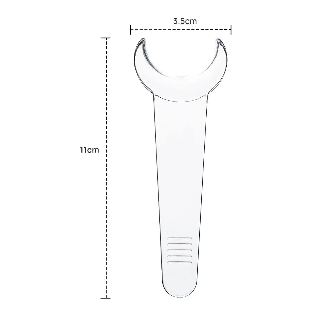 Dental Orthodontic Mouth Opener Cheek Lips Retractor Y-Shape Transparent Small/Large, diagram showing dimensions of 11cm length and 3.5cm width at the retractor end, clear plastic design for optimal visibility and unobstructed view of oral cavity