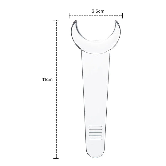 Dental Orthodontic Mouth Opener Cheek Lips Retractor Y-Shape Transparent Small/Large, diagram showing dimensions of 11cm length and 3.5cm width at the retractor end, clear plastic design for optimal visibility and unobstructed view of oral cavity