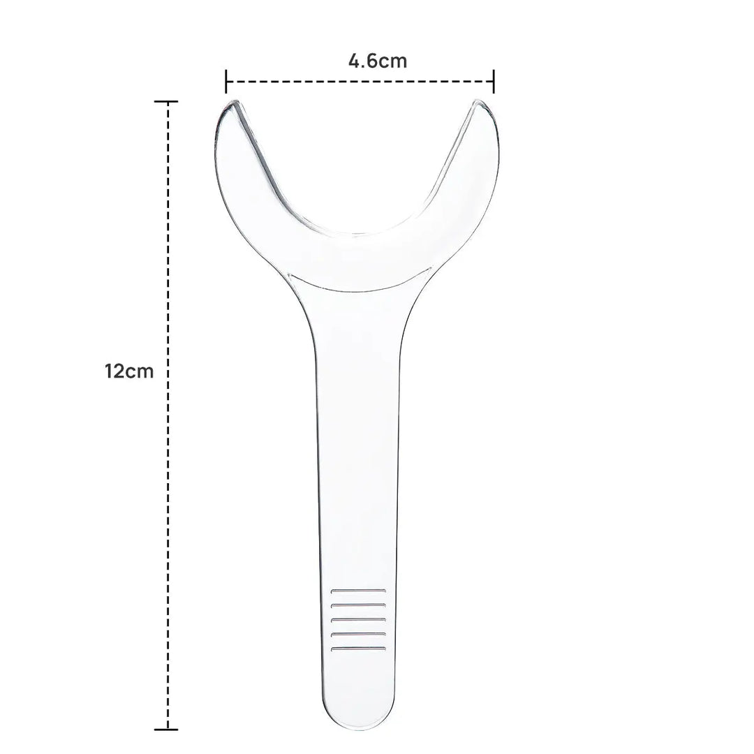 Dental Orthodontic Mouth Opener Cheek Lips Retractor Y-Shape Transparent Small/Large: Clear plastic Y-shaped dental tool with dimensions 12cm length and 4.6cm width at the top. Features curved ends for cheek retraction and a textured handle for grip.