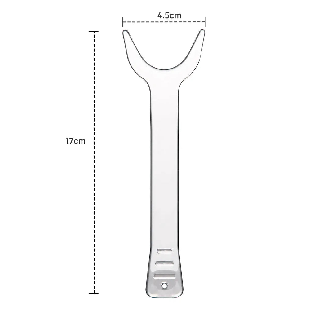 Dental Orthodontic Cheek Lip Retractor Mouth Opener Clear Plastic Small/Large: Diagram showing dimensions of 17cm length and 4.5cm width at curved top. Transparent plastic design for optimal visibility and unobstructed view of oral cavity. Suitable for dental procedures and orthodontic use.