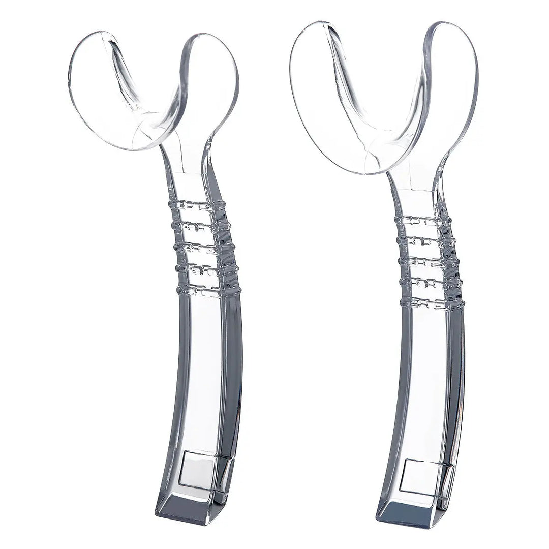 Dental Orthodontic Mouth Opener Cheek Lips Retractor Y-Shape Small/Large, clear plastic design for optimal visibility. Two sizes shown, featuring curved handles and Y-shaped retractor ends for unobstructed oral cavity view. Suitable for dental procedures in various settings.