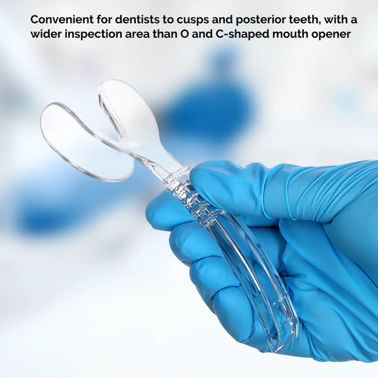 Dental Orthodontic Mouth Opener Cheek Lips Retractor Y-Shape Small/Large: Clear plastic Y-shaped dental tool held by gloved hand, designed for wide oral cavity visibility and easy access to posterior teeth. Convenient for dentists and orthodontists.