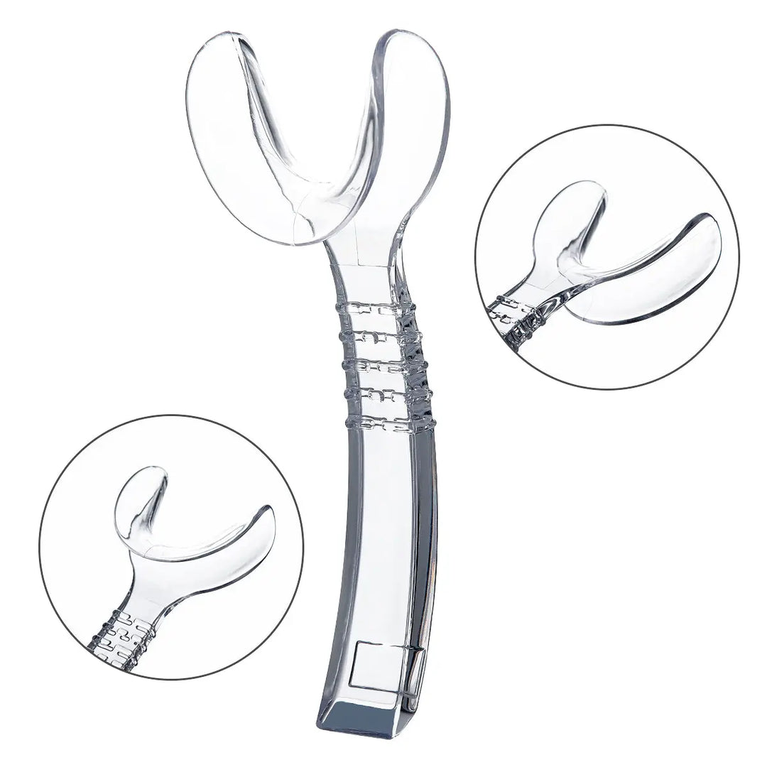 Dental Orthodontic Mouth Opener Cheek Lips Retractor Y-Shape Small/Large: Clear plastic device with adjustable Y-shaped design for optimal visibility and comfort during dental procedures. Features enlarged view of tip details for enhanced understanding of product functionality.