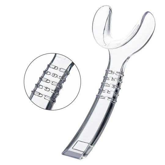 Dental Orthodontic Mouth Opener Cheek Lips Retractor Y-Shape Small/Large: Clear plastic Y-shaped dental tool with textured grip, designed for optimal visibility and comfort during oral procedures. Features adjustable size settings for versatile use in dental examinations and treatments.