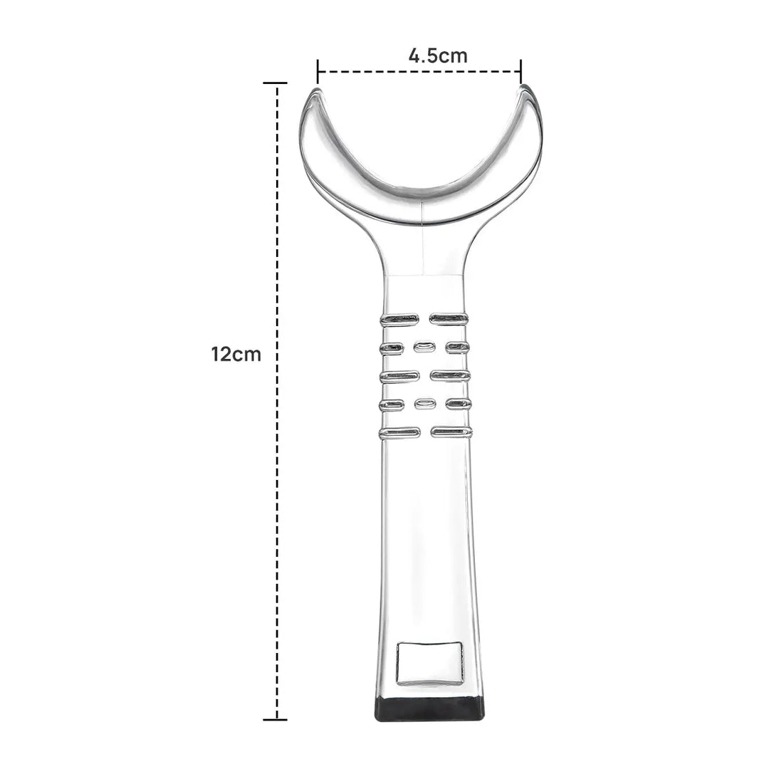 Dental Orthodontic Mouth Opener Cheek Lips Retractor Y-Shape Small/Large - Clear plastic dental tool with Y-shaped design, measuring 12cm in length and 4.5cm in width at the top. Features a curved mouth-opening section and a textured handle for improved grip and visibility during oral examinations.