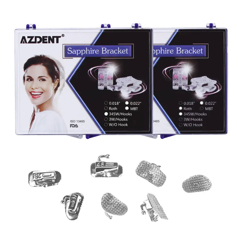 Dental Ceramic Bracket Positioning Monocrystalline Sapphire & Buccal Tube Mini Roth/MBT 0.022 Hooks on 345 product packaging and various dental brackets displayed, including sapphire brackets and metal components for orthodontic treatment.