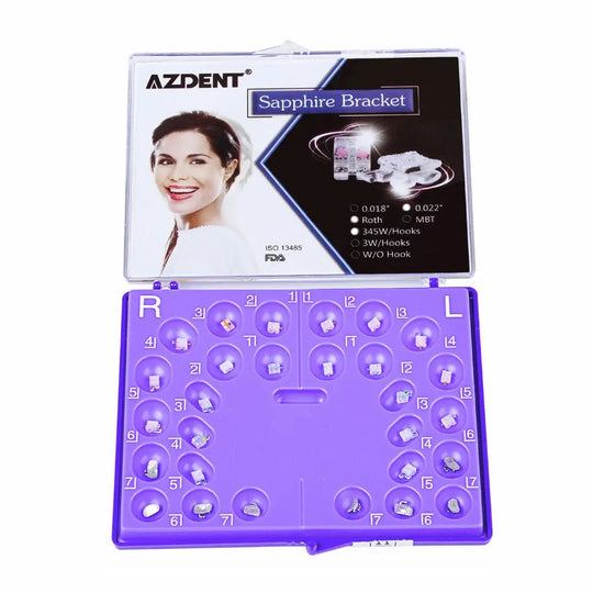 Dental Ceramic Bracket Positioning Monocrystalline Sapphire & Buccal Tube Mini Roth/MBT 0.022 Hooks on 345 kit in purple case, featuring product image and specifications on packaging lid