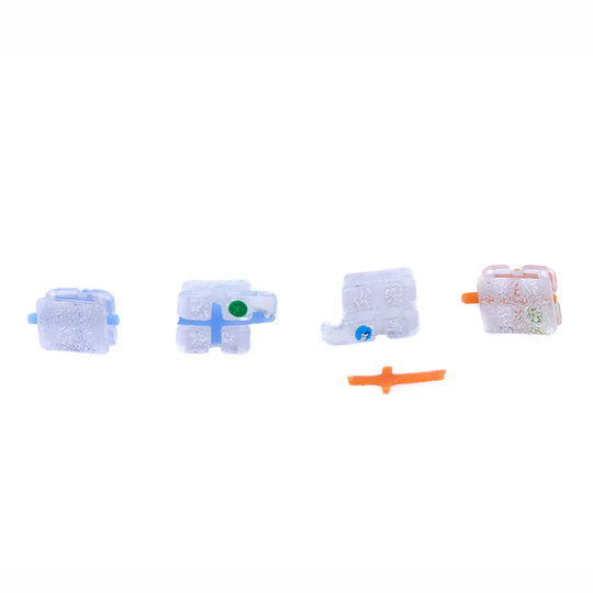 Dental Ceramic Bracket Positioning Monocrystalline Sapphire & Buccal Tube Mini Roth/MBT 0.022 Hooks on 345 components displayed: Four white ceramic orthodontic brackets with colored markers and one orange positioning tool, showcasing the product's design and features.