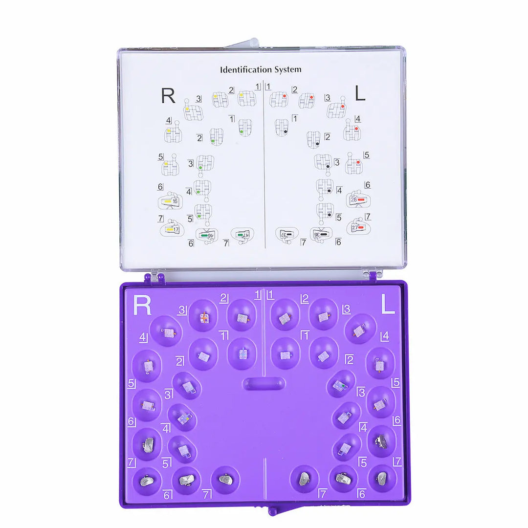 Dental Ceramic Bracket Positioning kit for Monocrystalline Sapphire & Buccal Tube Mini Roth/MBT 0.022 Hooks on 345, showing identification system chart and purple tray with labeled brackets for right and left teeth placement