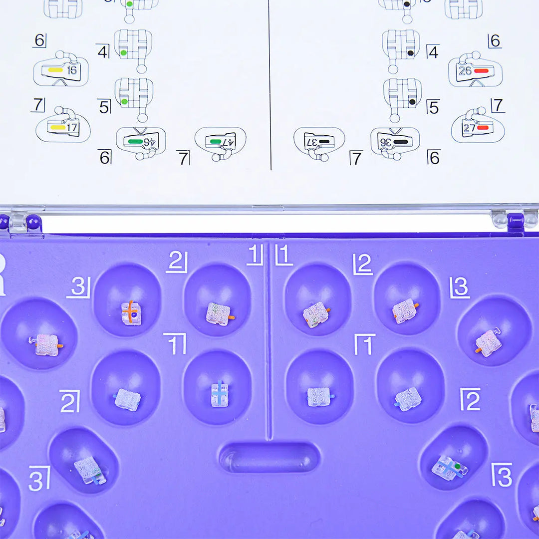 Dental Ceramic Bracket Positioning Kit for Monocrystalline Sapphire & Buccal Tube Mini Roth/MBT 0.022 Hooks on 345, showing numbered compartments with small brackets and a diagram for placement on upper and lower teeth