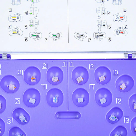 Dental Ceramic Bracket Positioning Kit for Monocrystalline Sapphire & Buccal Tube Mini Roth/MBT 0.022 Hooks on 345, showing numbered compartments with small brackets and a diagram for placement on upper and lower teeth