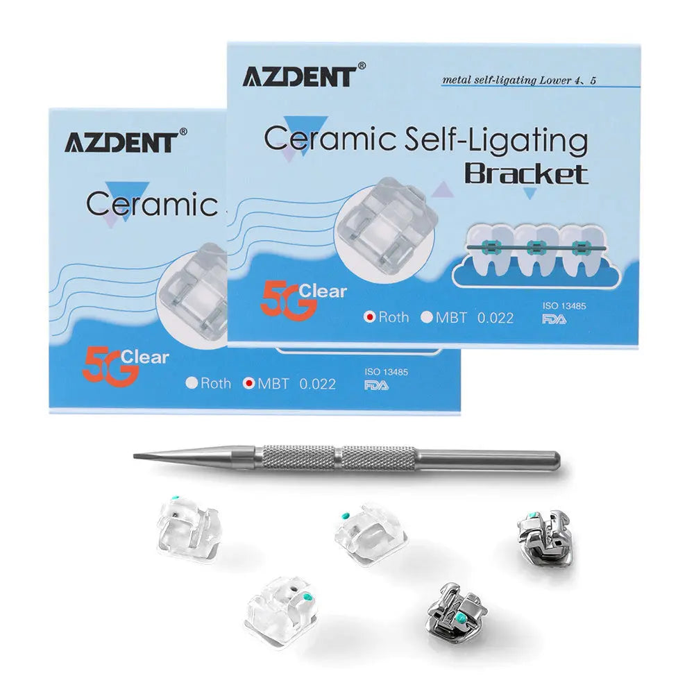 Dental 5G Clear Ceramic Self-Ligating Bracket Roth/MBT 0.022 with Upper 3 Hook: Product boxes, metal tool, and transparent ceramic brackets displayed on white background. AZDENT brand visible on packaging.