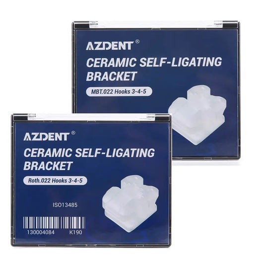 Dental Self-ligating Ceramic Brackets Clear Roth/MBT 0.022 with hook 3,4,5. Two blue packaging boxes for AZDENT ceramic self-ligating brackets, featuring product details and white bracket illustrations on navy background.