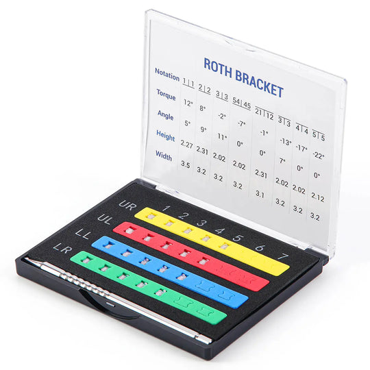 Dental Self-ligating Ceramic Brackets Clear Roth/MBT 0.022 with hook 3,4,5 displayed in a case with colorful measurement guides and Roth bracket specifications chart, showcasing precision orthodontic tools for dental professionals