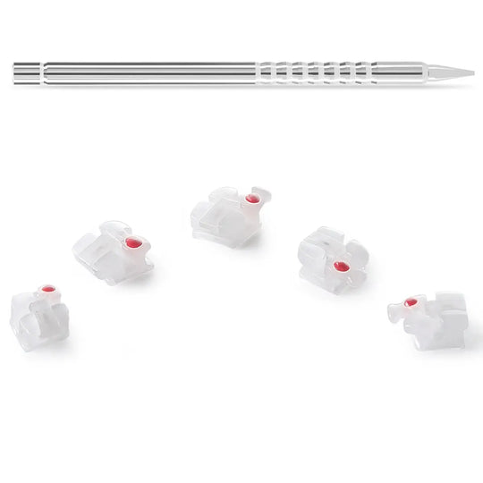 Dental Self-ligating Ceramic Brackets Clear Roth/MBT 0.022 with hook 3,4,5 shown with stainless steel orthodontic tool. Five translucent ceramic brackets displayed, featuring red centers for self-ligation mechanism. Brackets demonstrate low-profile design for patient comfort.