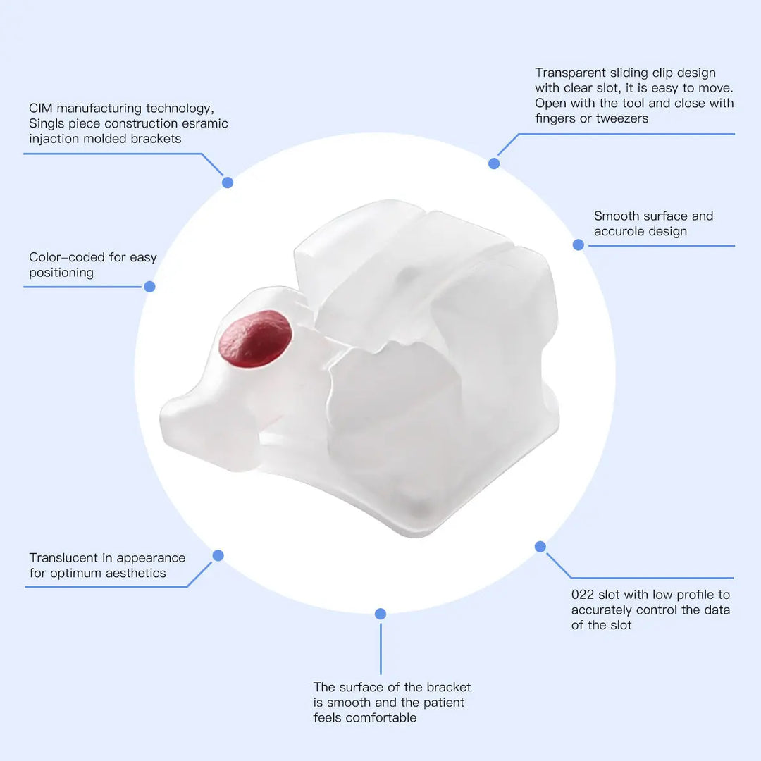 Dental Self-ligating Ceramic Brackets Clear Roth/MBT 0.022 with hook 3,4,5: Close-up of translucent ceramic orthodontic bracket with smooth edges, sliding clip design, and color-coded positioning dot, showcasing its low-profile and patient-friendly features for optimal dental alignment.