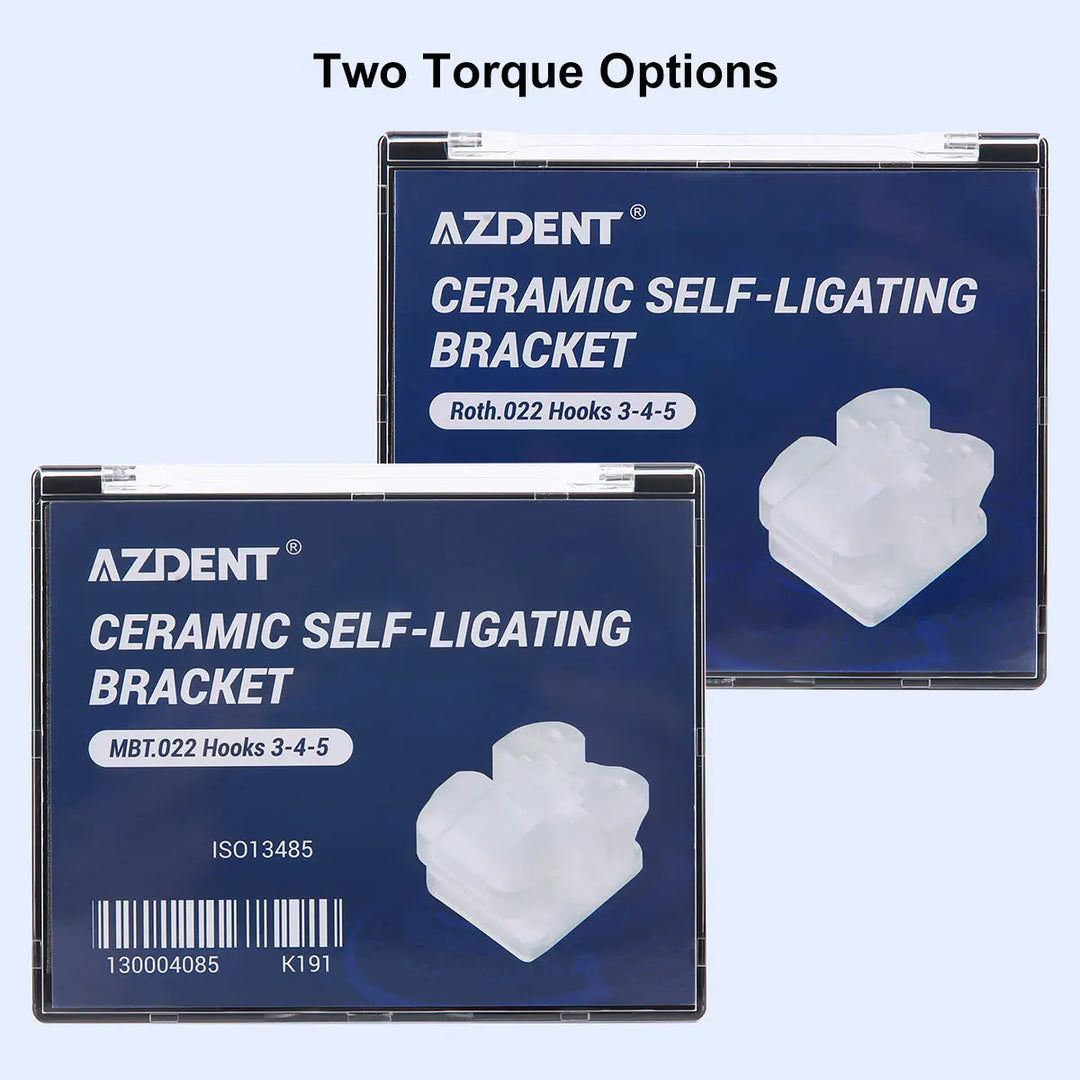 Two packaging options for Dental Self-ligating Ceramic Brackets Clear Roth/MBT 0.022 with hook 3,4,5. Blue boxes display AZDENT brand, product name, and images of clear ceramic brackets. Labeled 'Two Torque Options' at the top.