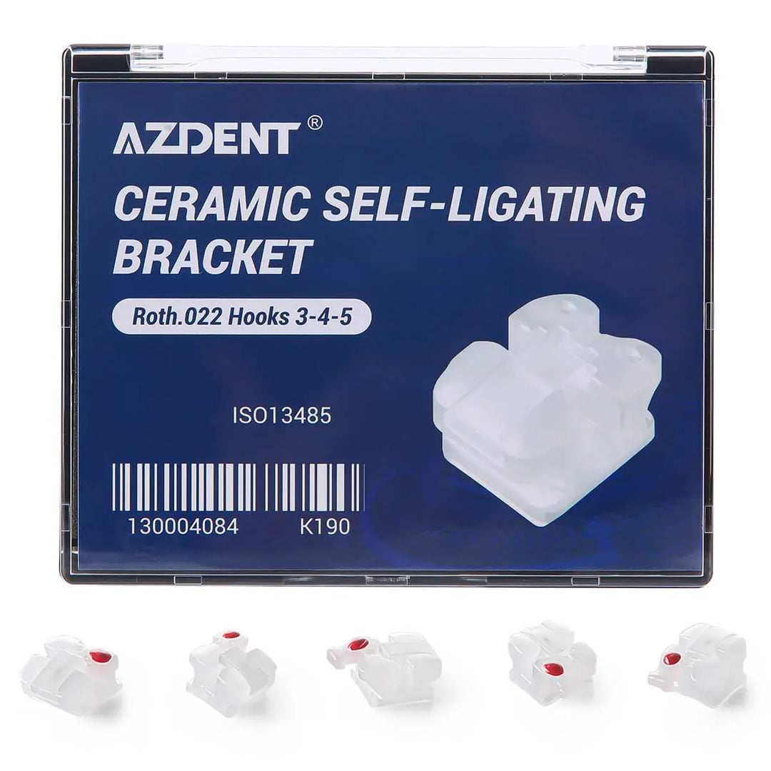 Dental Self-ligating Ceramic Brackets Clear Roth/MBT 0.022 with hook 3,4,5 - AZDENT brand packaging box showing ceramic self-ligating bracket product with translucent white brackets displayed below