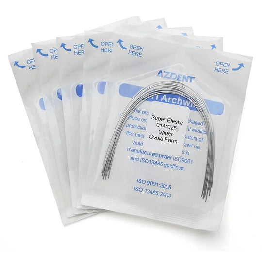 Archwire Niti Super Elastic Ovoid Form Rectangular 0.014 x 0.025 Upper 10pcs/Pack displayed in sealed packages. Curved metal wires visible through transparent packaging. Blue text on packages indicates product details and ISO certifications.