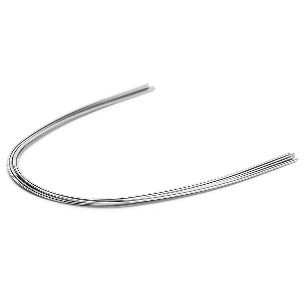 Archwire Niti Super Elastic Ovoid Form Rectangular 0.014 x 0.025 Upper 10pcs/Pack - Curved silver dental orthodontic wire with smooth finish, displaying flexibility and shape retention for efficient tooth movement and reduced friction during orthodontic treatment