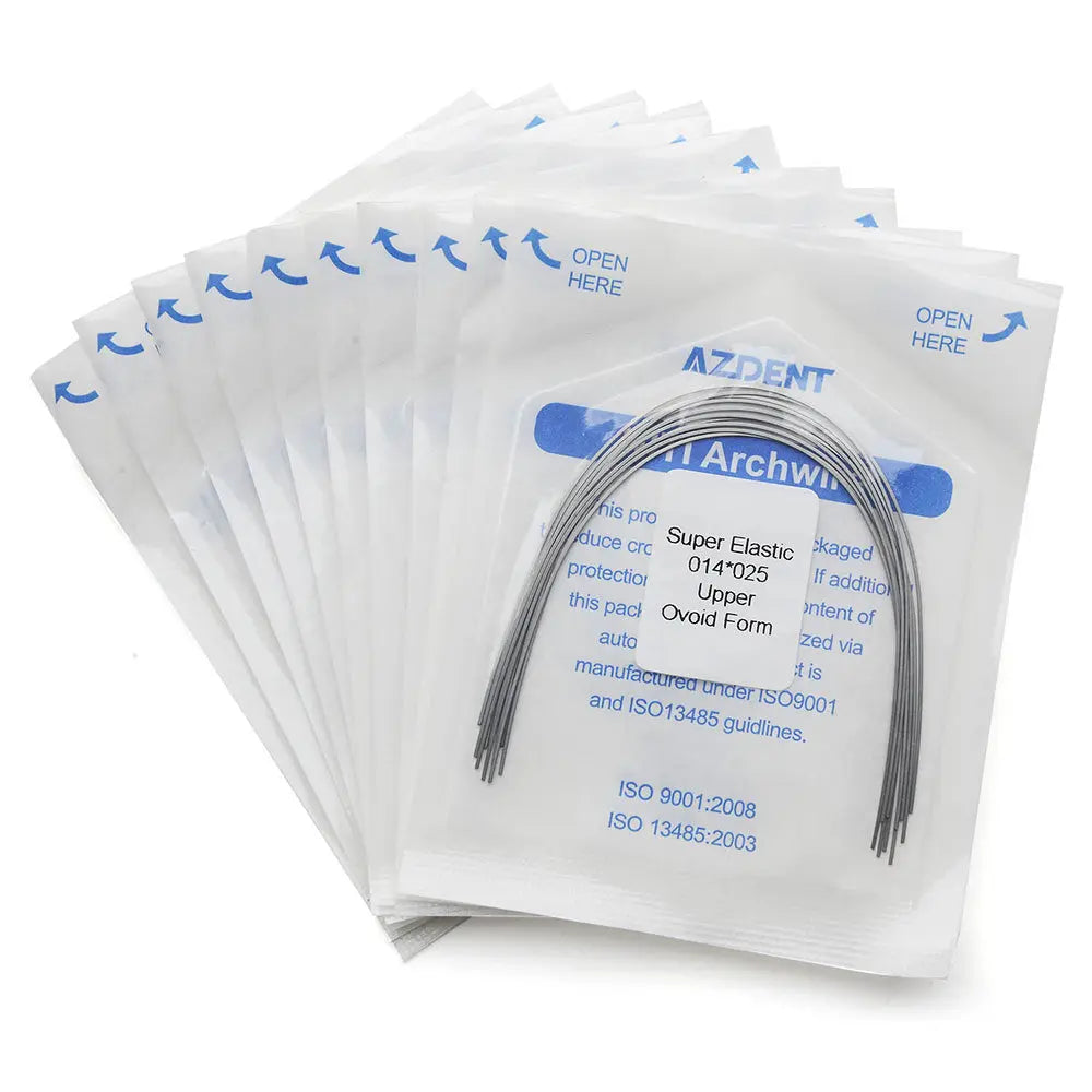 Archwire Niti Super Elastic Ovoid Form Rectangular 0.014 x 0.025 Upper 10pcs/Pack in individual sealed packages. Multiple white envelopes with blue text and arrows, displaying product information and containing curved dental archwires visible through transparent windows.