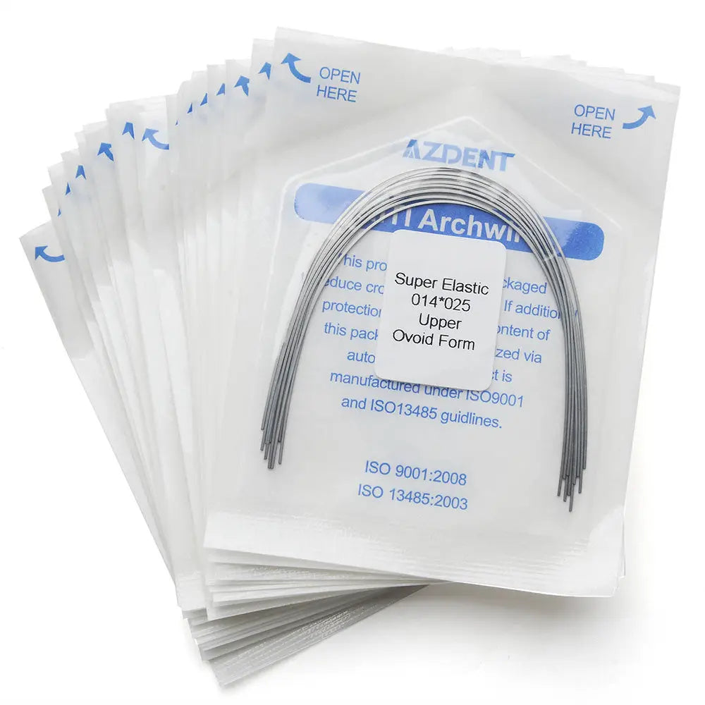 Archwire Niti Super Elastic Ovoid Form Rectangular 0.014 x 0.025 Upper 10pcs/Pack displayed in sterile packaging. Multiple sealed packets stacked, showing product details and ISO certifications. Clear view of curved archwire through transparent window.